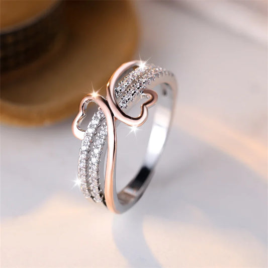 Two Tone Rose Gold Silver Color Double Heart Rings For Women White Zircon Ins Infinity Wedding Bands Bridal Engagement Jewelry