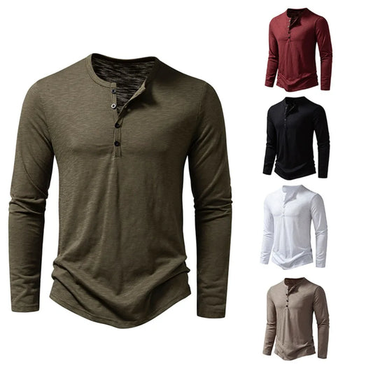 Katoenen overhemd met Henley-hals voor heren, casual knop met lange mouwen, effen kleur, mode-T-shirts