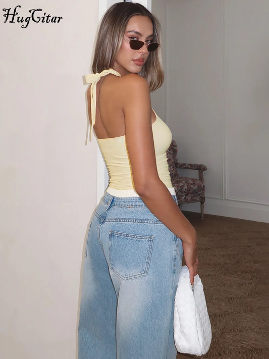 Hugcitar Vrouwen Mode Halter Solid Loop Backless Bandage Sexy Crop Tank Top 2025, Zomer Casual Kleding Streetwear Vakantie Club