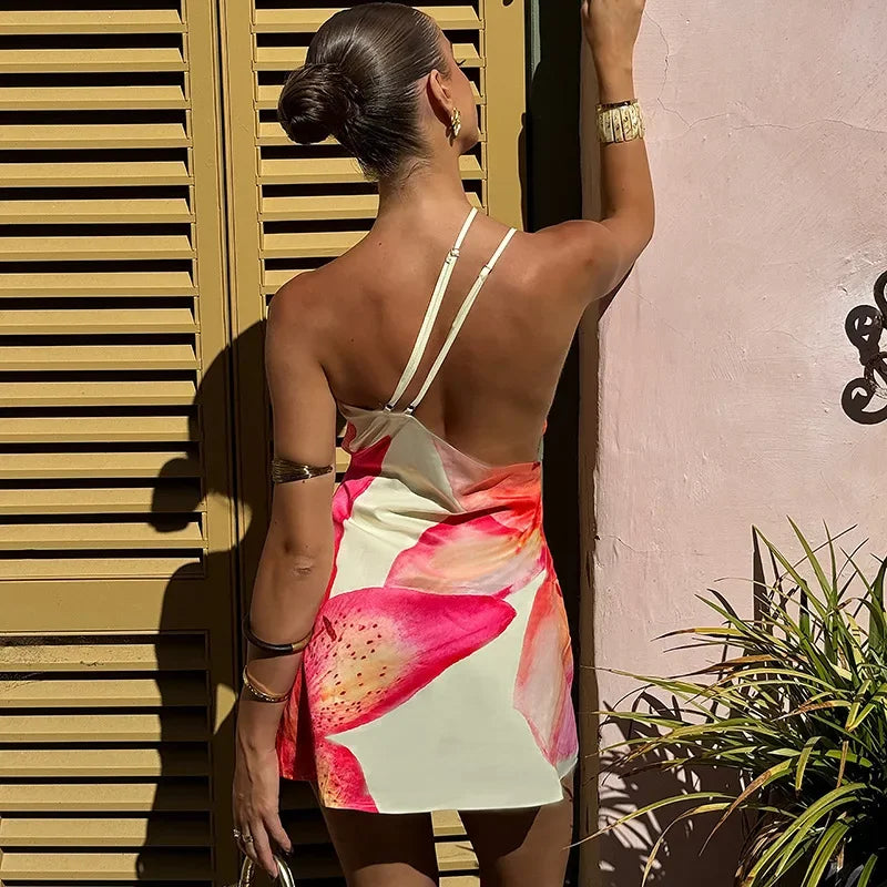 Een schouder bloemenprint strandvakantie Y2K mini-jurk outfits dames zomer backless mouwloze bodycon korte jurken vestido