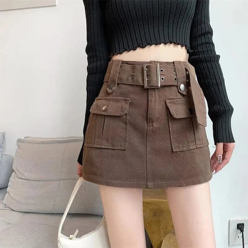 2023 Summer Safari Style Women Denim Pantskirt High-waist Short Slim A-line Jean Skirts Lady Anti-expose Lining Wide-leg Shorts