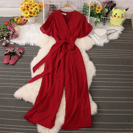 2026 New Summer Korean Chic Solid V-neck Lace-up Pocket Jumpsuits Women Elegant Wide Leg Pants Back Zip Jumpsuit