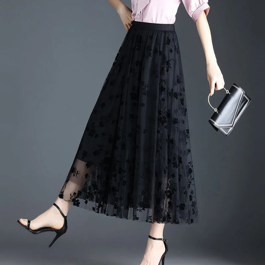Koreaanse Vrouwen Tule Rok Mode Zomer Haak Bloemen Losse Midi Rok Elegante Vrouwelijke Casual Alle Match Mesh Rokken Nieuw