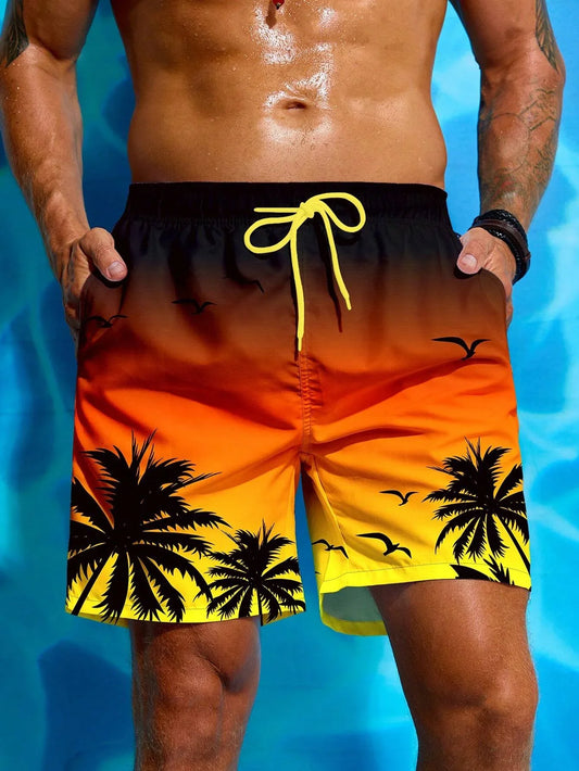 Zomervakantie Heren Palmboom 3D Print Trekkoord Taille Board Shorts Mode Zwembroek Print Ademend Korte Streetwear
