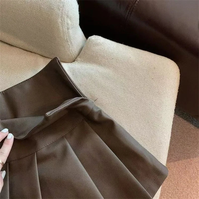 S-3XL Y2K Pu Leather Mini Skirts Women Streetwear High Waist Pleated Skirt Vintage Korean Black Slim Casual A Line Skirts