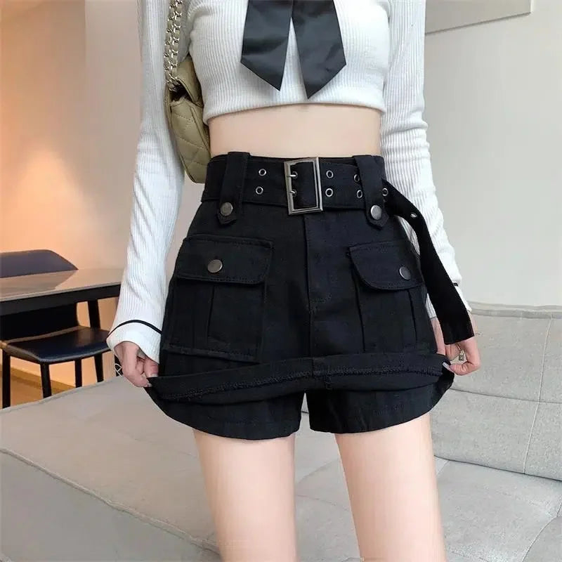 2023 Summer Safari Style Women Denim Pantskirt High-waist Short Slim A-line Jean Skirts Lady Anti-expose Lining Wide-leg Shorts