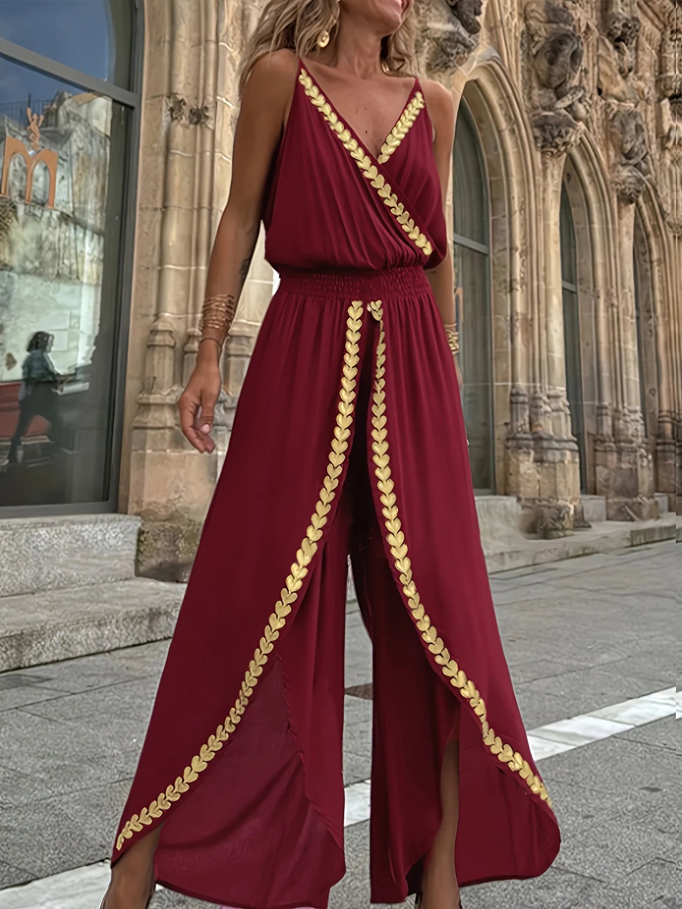 Paarse damesjumpsuit met bijgesneden omslag V-hals Hoge taille Gespleten benen Ideaal voor strandvakanties Avondwandelingen Boheemse stijlen