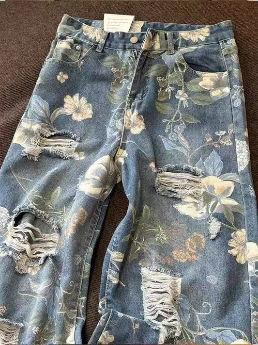 Daisy Vintage Print Gescheurde Jeans Dames Amerikaanse Zomer Nieuwe Hoge Taille Wijde Broek Hiphop Trend Y2K Baggy Rechte Broek
