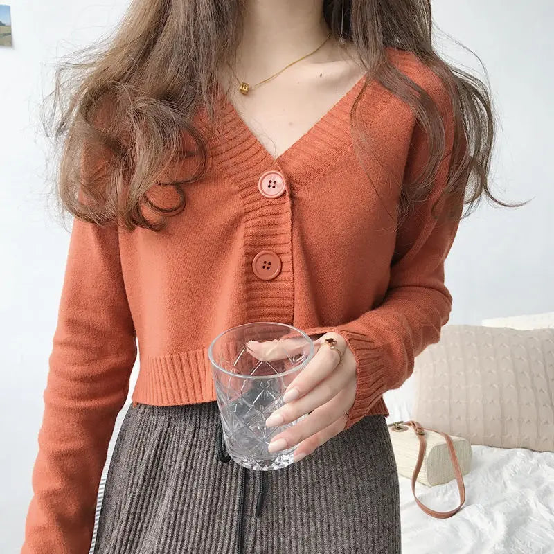 Knitted Cropped Cardigan Women Korean Short Sweater Long sleeve Crop Top V neck Fashion Y2k Clothes Green Blue