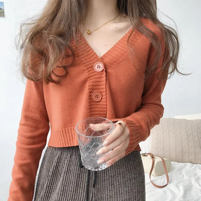 Knitted Cropped Cardigan Women Korean Short Sweater Long sleeve Crop Top V neck Fashion Y2k Clothes Green Blue