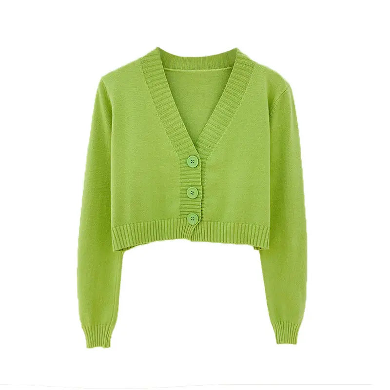 Knitted Cropped Cardigan Women Korean Short Sweater Long sleeve Crop Top V neck Fashion Y2k Clothes Green Blue
