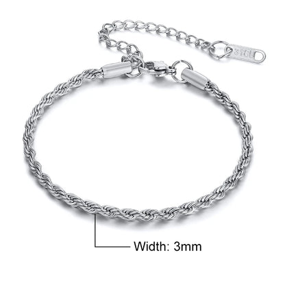 Vnox Unisex Rope Chain Bracelets for Men Women, Stainless Steel Twisted Links Chain Bracelet,Simple Classic Jewelry Gift for Him