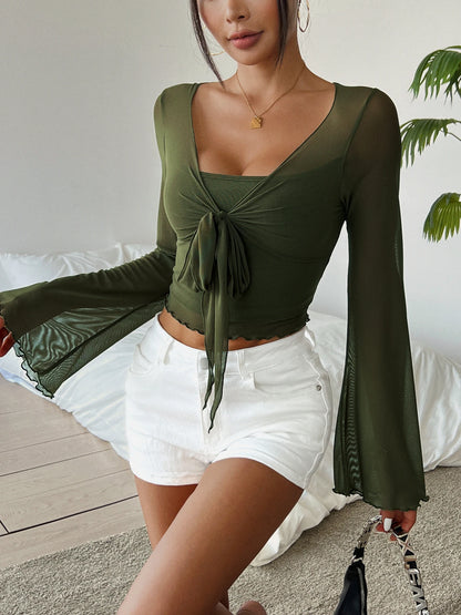 Effen Kleur V-Hals Ruches T-Shirt Elegant Flare Mouw Stropdas Voorkant T-Shirt Voor Lente Herfst Dameskleding