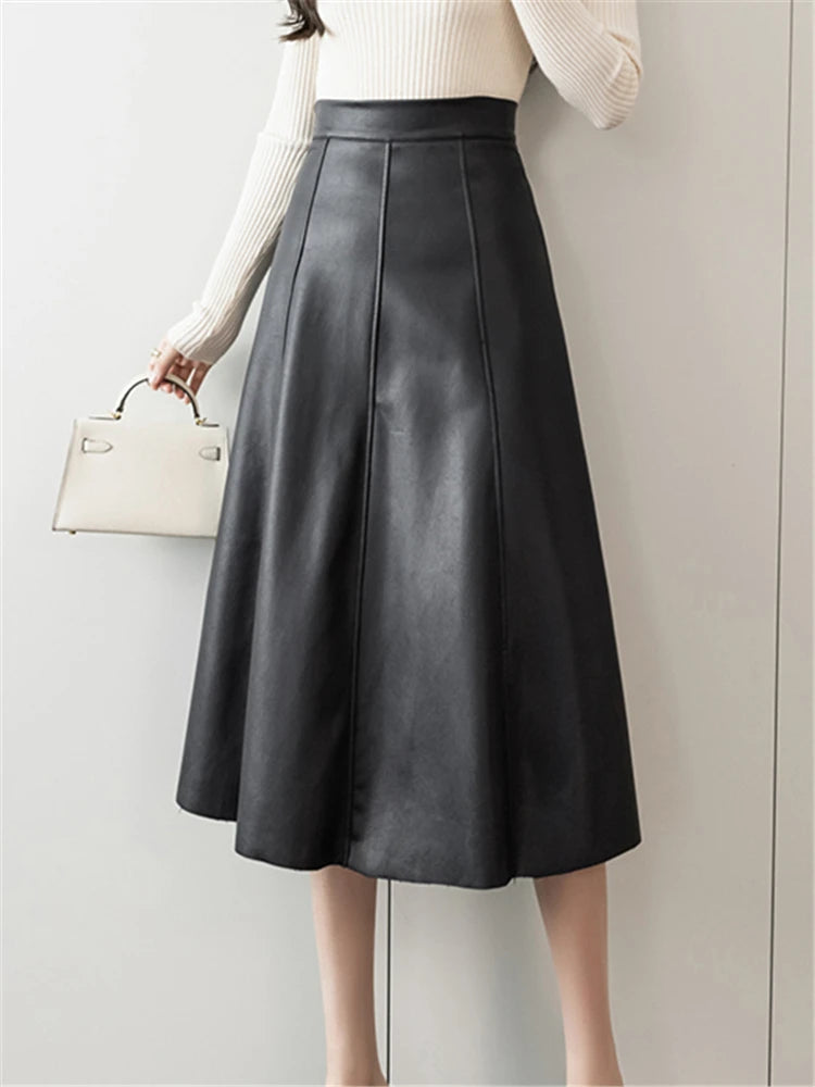 Seoulish Black Faux PU Leather Women's A-Line Skirts 2023 New Autumn Winter High Wasit Solid Chic Umbrella Office Skirts Female