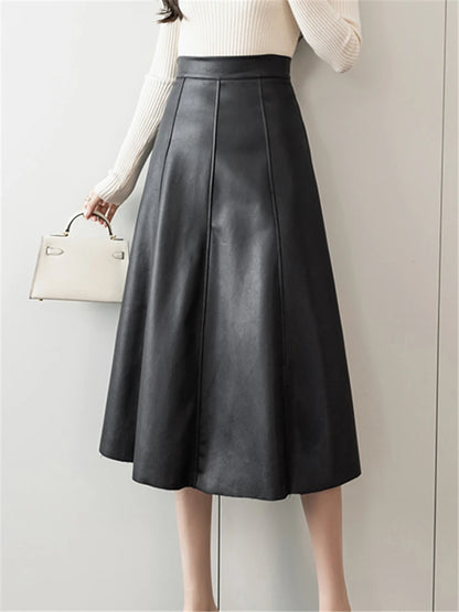 Seoulish Black Faux PU Leather Women's A-Line Skirts 2023 New Autumn Winter High Wasit Solid Chic Umbrella Office Skirts Female