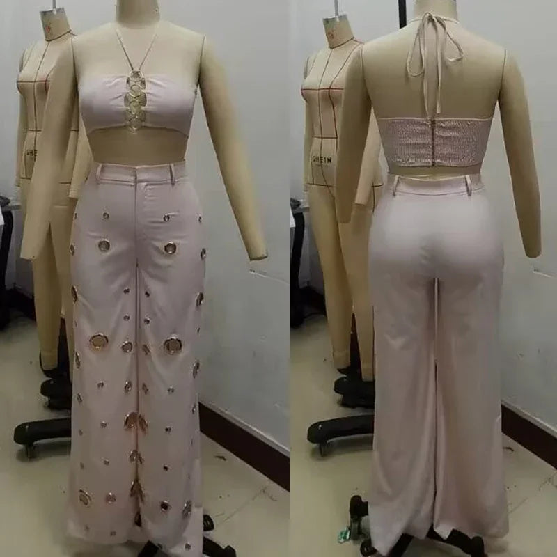 Sexy Night Party 2-delige sets Dames Outfit Clubwear Festival Kleding Halter Crop Top en broek Conjuntos Femininos Elegantes