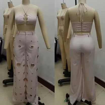 Sexy Night Party 2-delige sets Dames Outfit Clubwear Festival Kleding Halter Crop Top en broek Conjuntos Femininos Elegantes