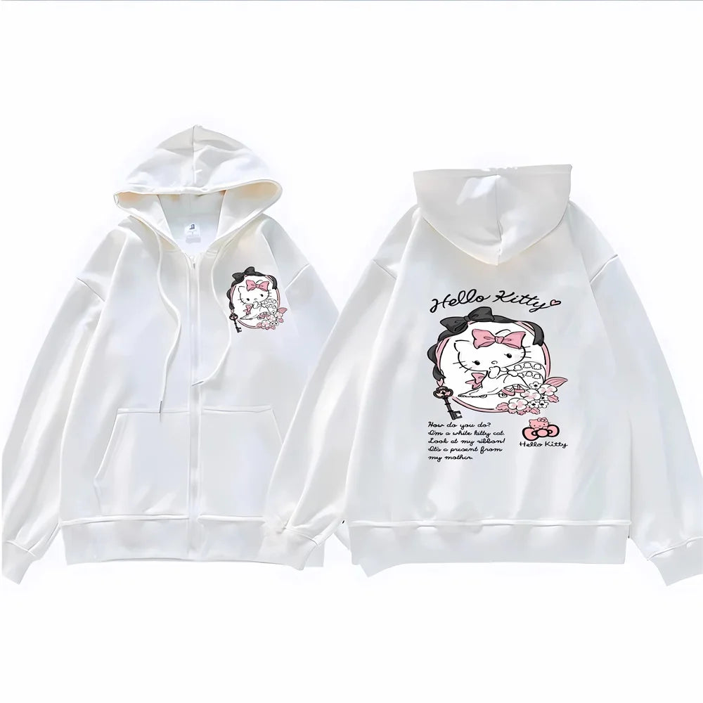 Sanrio Anime Leuke Gedrukt Hoodies Vrouwen Cartoon Hello Kitty Y2k Koreaanse Studenten Losse Sweatshirt Mode Zoete Vest Kleding