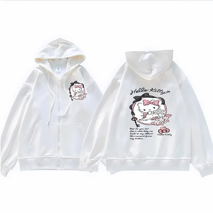 Sanrio Anime Leuke Gedrukt Hoodies Vrouwen Cartoon Hello Kitty Y2k Koreaanse Studenten Losse Sweatshirt Mode Zoete Vest Kleding