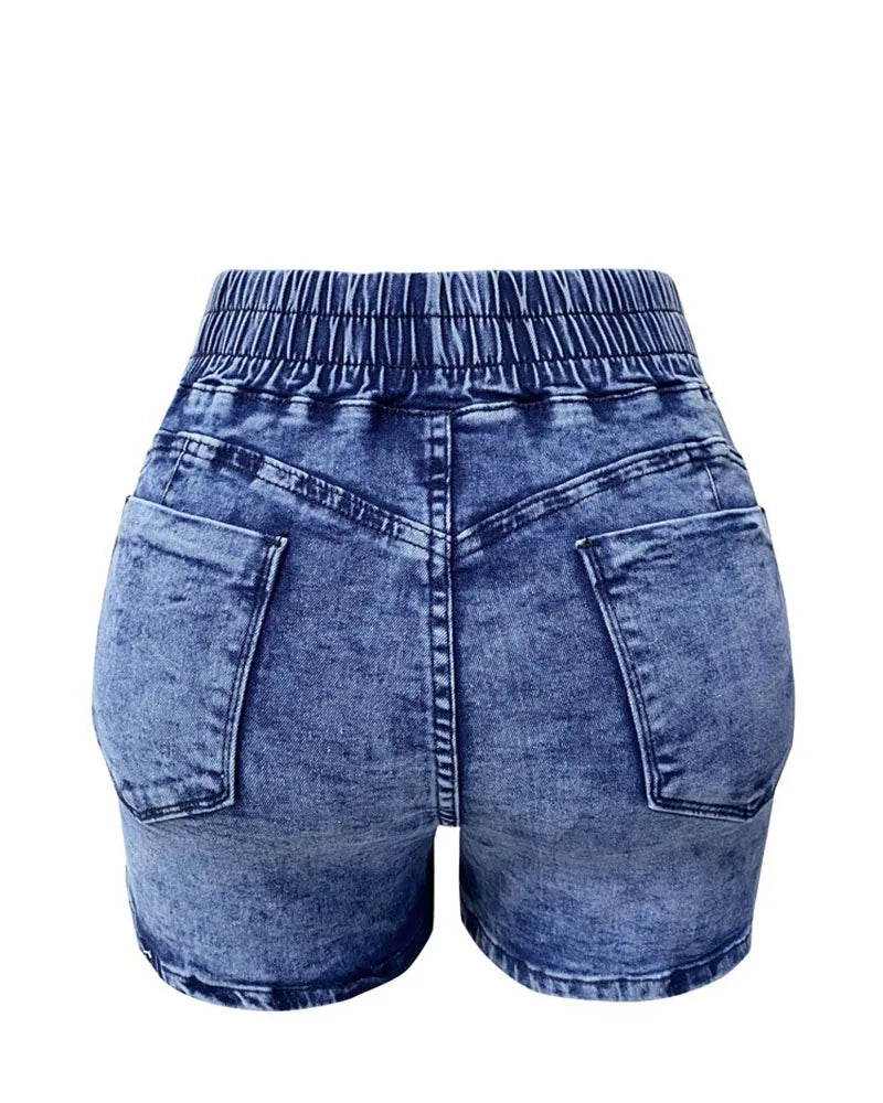 DongCMY Luxury fashion slim spring/summer new slim denim shorts women's high waist elastic waist lace-up hot pants