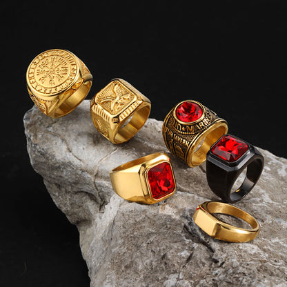 Vintage punk natuurlijke rode stenen ring voor mannen, vergulde roestvrijstalen dikke zegelring, hoge kwaliteit mode-sieraden cadeau