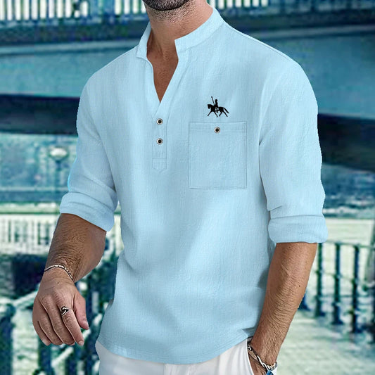 Men's Lightweight Shirts Long Sleeve Henley Cotton Linen Shirts for Male Beach Hawaiian V-neck Top Breathable Polo Shirts top