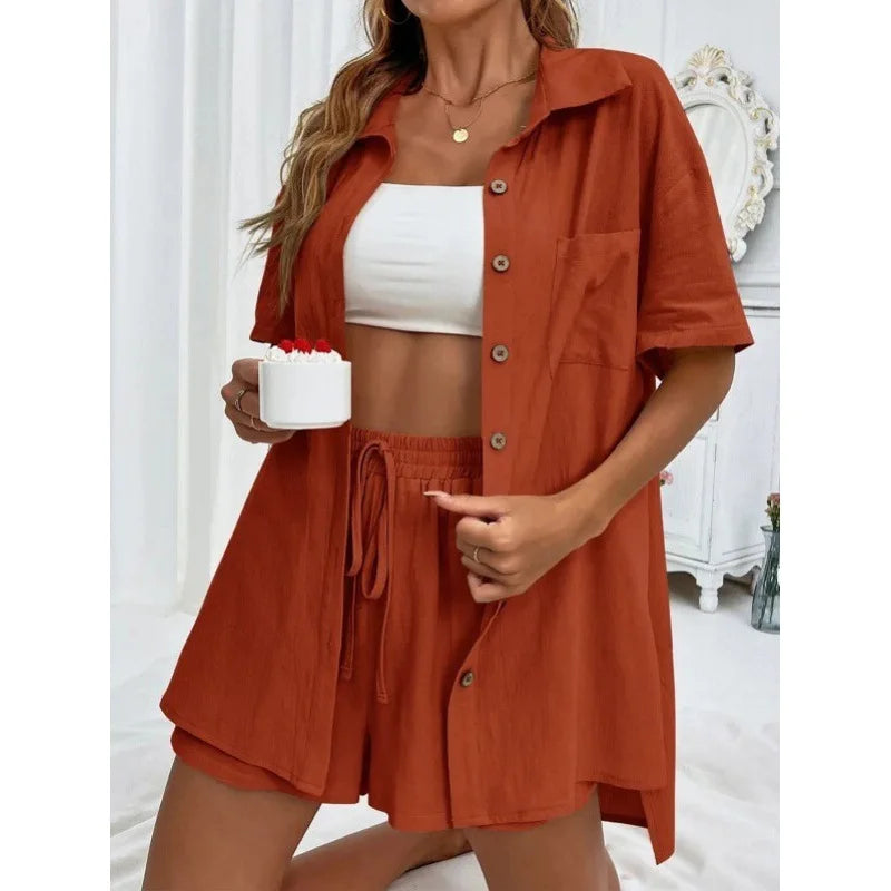Fashion Black Short Sleeve Shirt And Shorts Two Piece Sets Women 2025 Summer Cotton Linen Casual Home 2 Piece Sets Women Outfit