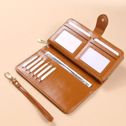 Vintage oliewas PU lederen clutch portemonnee voor dames - telefoontasje met grote capaciteit en polsbandje, eenvoudige kaarthouder buideltas