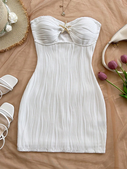 Strapless afslankende korte jurk, sexy, puur en sensueel, heupomhulsel, damesmode, feestkleding