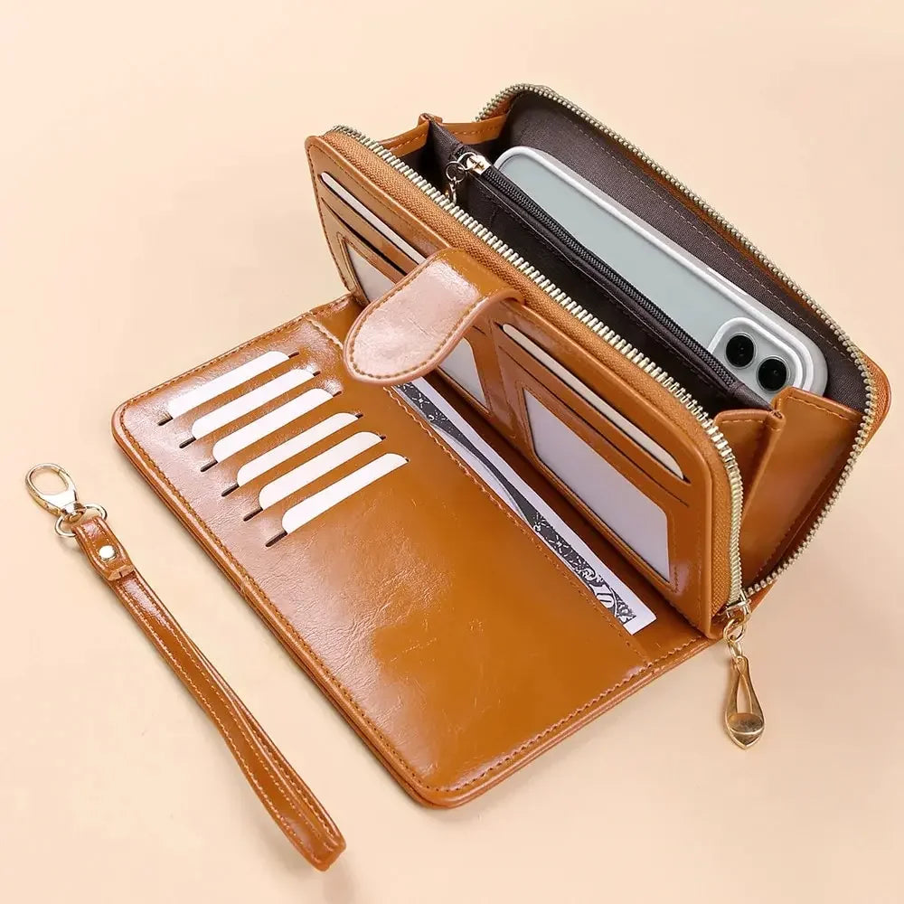 Vintage oliewas PU lederen clutch portemonnee voor dames - telefoontasje met grote capaciteit en polsbandje, eenvoudige kaarthouder buideltas