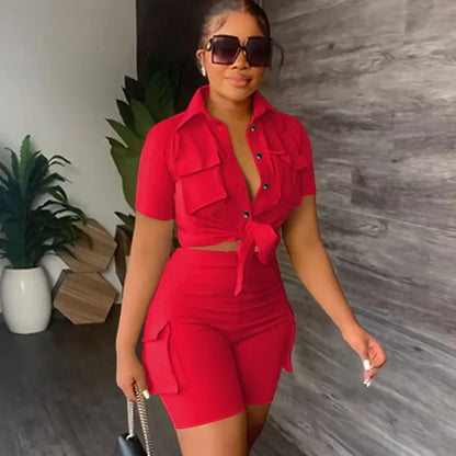 Streetwear tweedelige set voor dames zomeroutfits zakken korte mouw button-up shirt top korte sets party club bijpassende sets