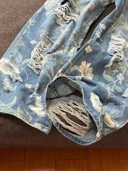 Daisy Vintage Print Gescheurde Jeans Dames Amerikaanse Zomer Nieuwe Hoge Taille Wijde Broek Hiphop Trend Y2K Baggy Rechte Broek