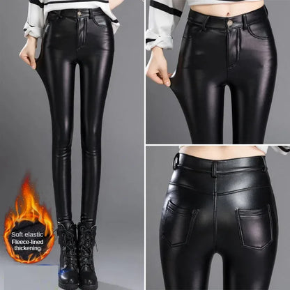 Kasjmier PU-leren broek Dames Herfst/Winter 2024 Verdikt en fleece Hoge taille Slim Fit Strakke warme broek Legging Zwart