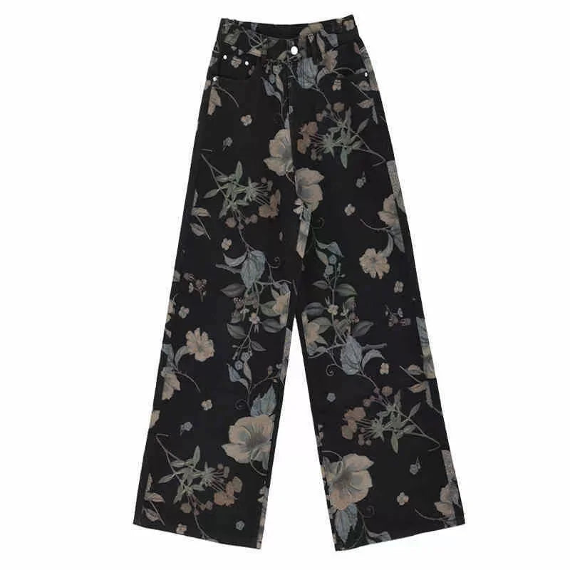Daisy Vintage Print Gescheurde Jeans Dames Amerikaanse Zomer Nieuwe Hoge Taille Wijde Broek Hiphop Trend Y2K Baggy Rechte Broek