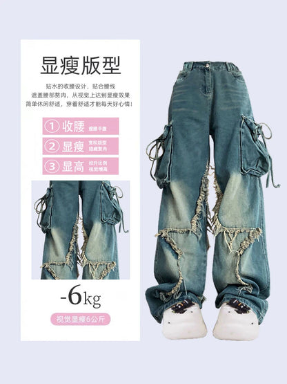 Vrouwen Blue Cargo Jeans Baggy Vintage jaren '90 Esthetische Hoge Taille Cowboy Broek Harajuku Denim Broek Y2k Trashy Jaren 2000 Kleding 2024