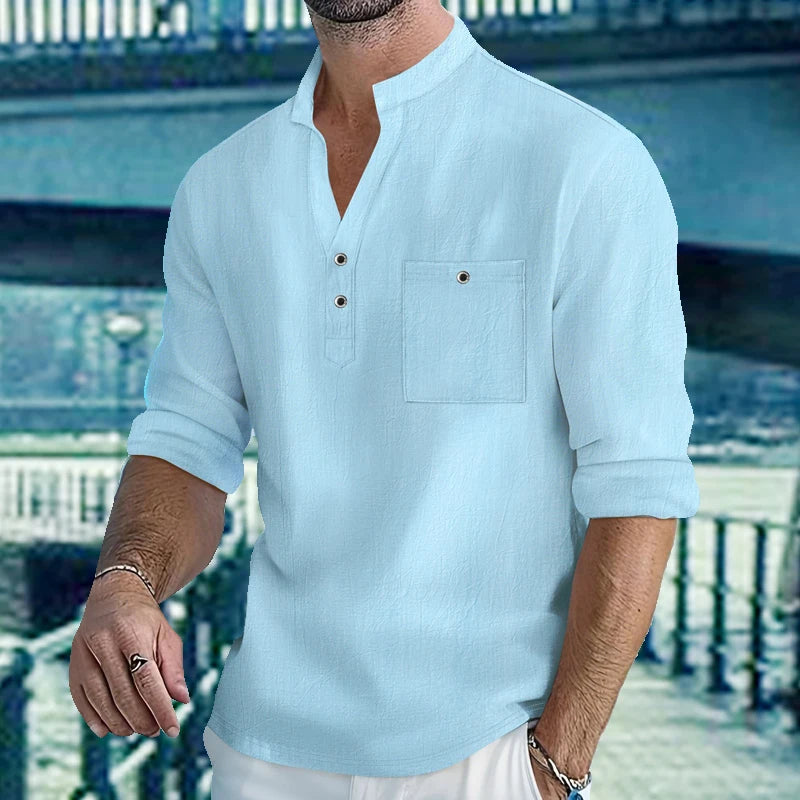 Men's Lightweight Shirts Long Sleeve Henley Cotton Linen Shirts for Male Beach Hawaiian V-neck Top Breathable Polo Shirts top