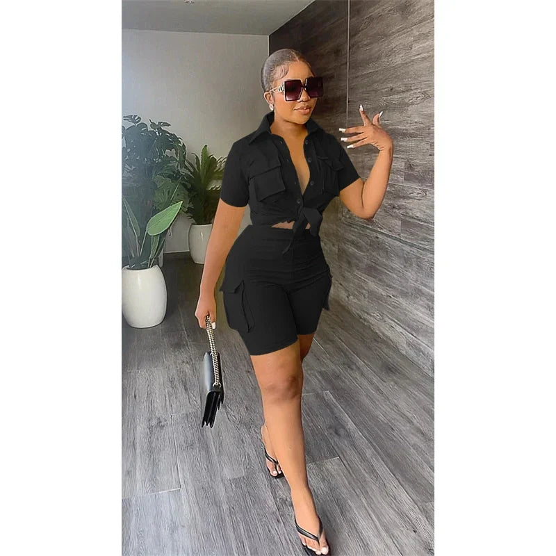 Streetwear tweedelige set voor dames zomeroutfits zakken korte mouw button-up shirt top korte sets party club bijpassende sets
