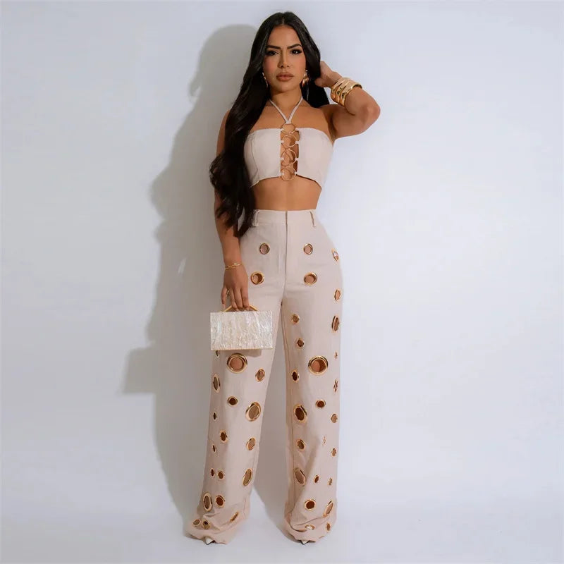 Sexy Night Party 2-delige sets Dames Outfit Clubwear Festival Kleding Halter Crop Top en broek Conjuntos Femininos Elegantes