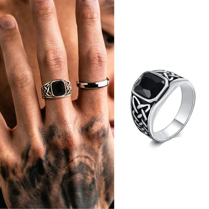 Punk Vintage Ethnic Rings for Men, Retro Viking Knot Rune Finger Band, Black Geometric Square Stone Signet Ring Jewelry