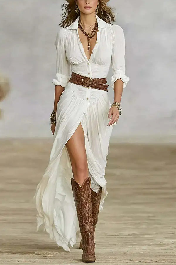 Vrouw Jurken 2023 Herfst Nieuwe Franse Retro V-hals Gordel Slanke Geplooide Lange Jurk Enkele Breasted Lange Mouwen Split Bohemian Jurk