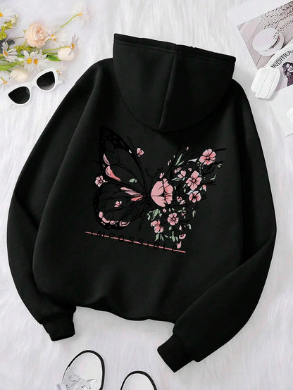 Rose Butterfly Impossible Letter Grafische Print Dames Sweatshirt Mode Warme Capuchon Losse Casual Hoodies Fleece Zachte Kleding