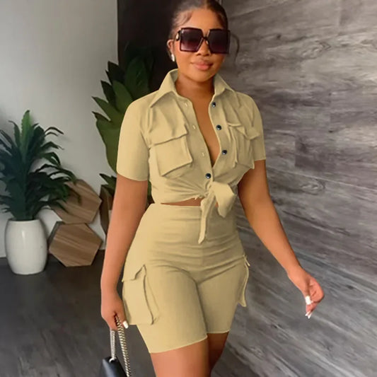 Streetwear tweedelige set voor dames zomeroutfits zakken korte mouw button-up shirt top korte sets party club bijpassende sets