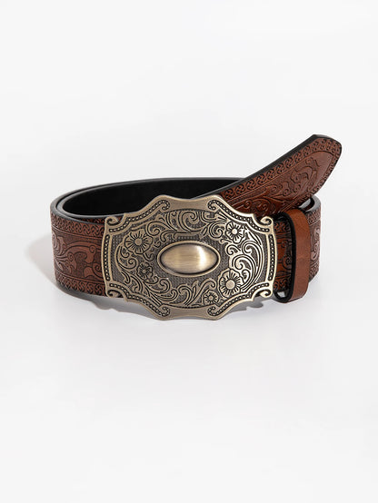 1pc men's vintage casual flower engraved metal buckle flower dragon embossed jeans accessories belt suitable for daily