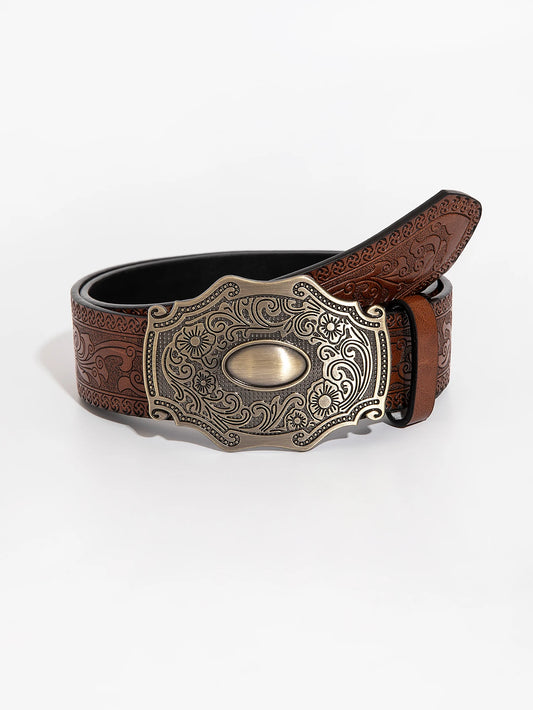 1pc men's vintage casual flower engraved metal buckle flower dragon embossed jeans accessories belt suitable for daily