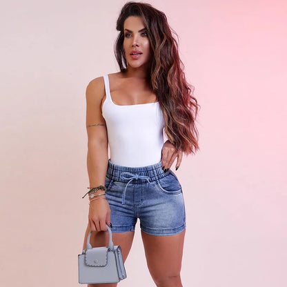 DongCMY Luxury fashion slim spring/summer new slim denim shorts women's high waist elastic waist lace-up hot pants