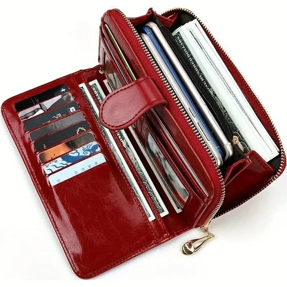 Vintage oliewas PU lederen clutch portemonnee voor dames - telefoontasje met grote capaciteit en polsbandje, eenvoudige kaarthouder buideltas
