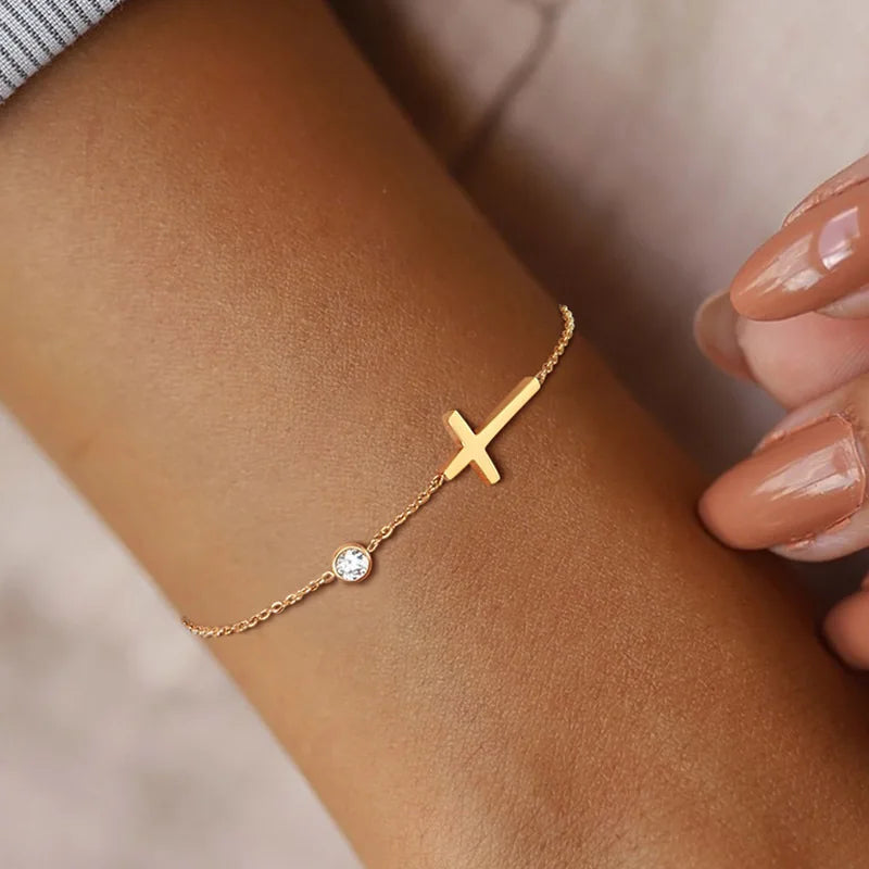 Women Minimalism Thin Chain Cross Crescent Moon Star Bracelet, Stainless Steel Female Adjustable Link Stacked Layered