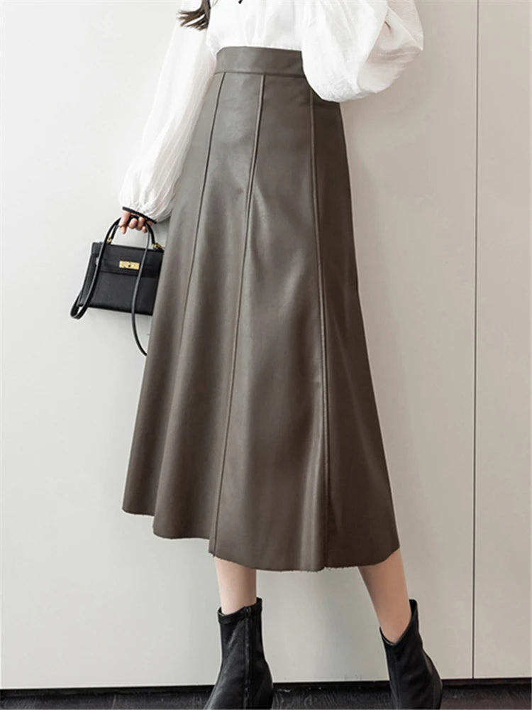 Seoulish Black Faux PU Leather Women's A-Line Skirts 2023 New Autumn Winter High Wasit Solid Chic Umbrella Office Skirts Female