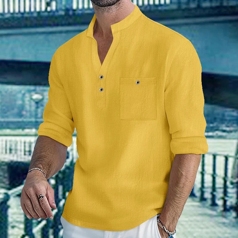 Men's Lightweight Shirts Long Sleeve Henley Cotton Linen Shirts for Male Beach Hawaiian V-neck Top Breathable Polo Shirts top