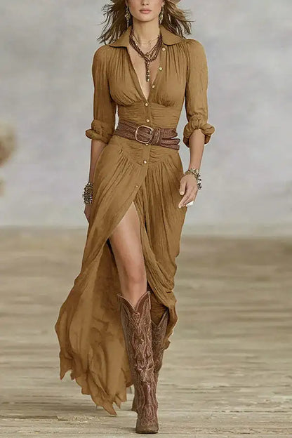 Vrouw Jurken 2023 Herfst Nieuwe Franse Retro V-hals Gordel Slanke Geplooide Lange Jurk Enkele Breasted Lange Mouwen Split Bohemian Jurk